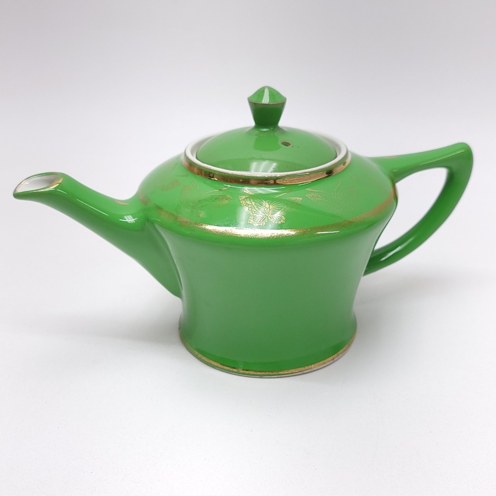 Vintage Hall China 0152 Green 6 Cup Teapot Gold Butterfly Motif Made in USA